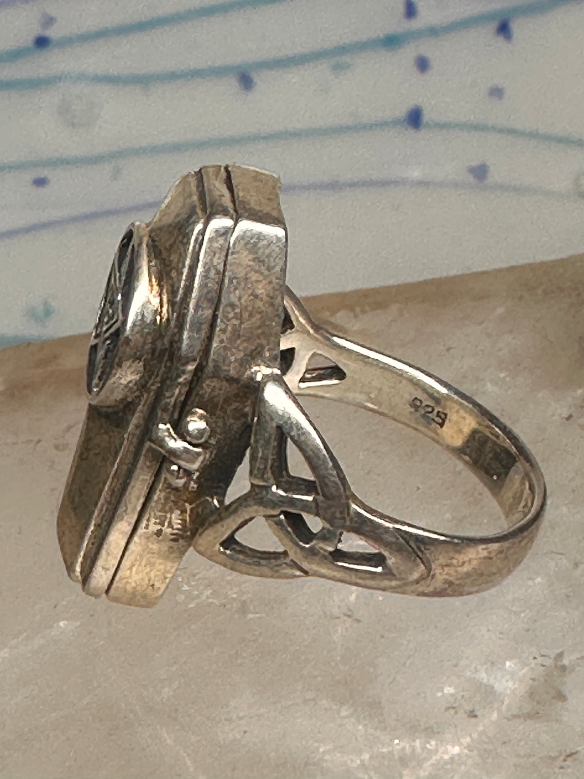 Vintage Sterling Silver Gothic Coffin Pentagram Secret Compartment Poison Ring Size 7.25