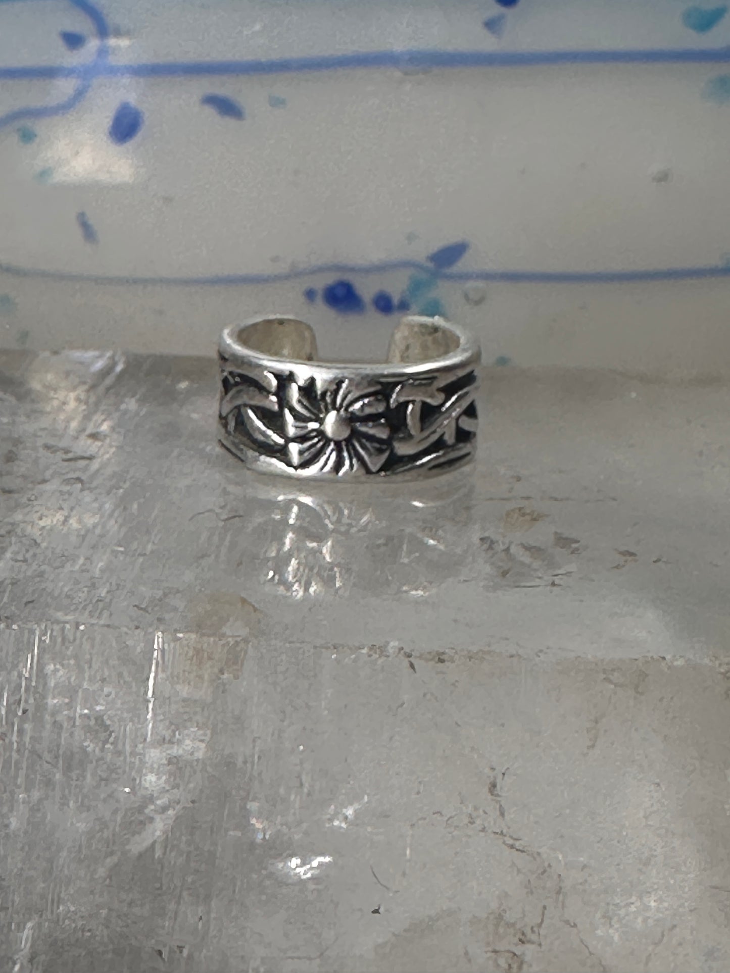 Wide floral ring toe band size 2 adjustable sterling silver women girls