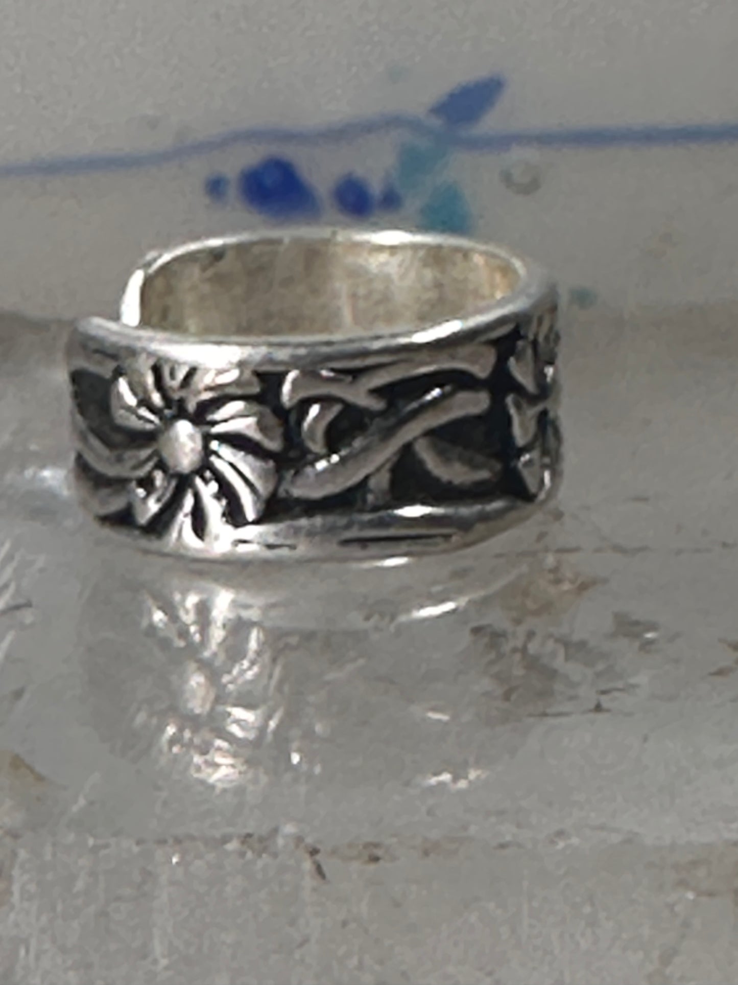 Wide floral ring toe band size 2 adjustable sterling silver women girls