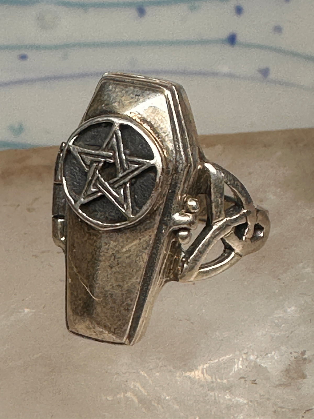 Vintage Sterling Silver Gothic Coffin Pentagram Secret Compartment Poison Ring Size 7.25