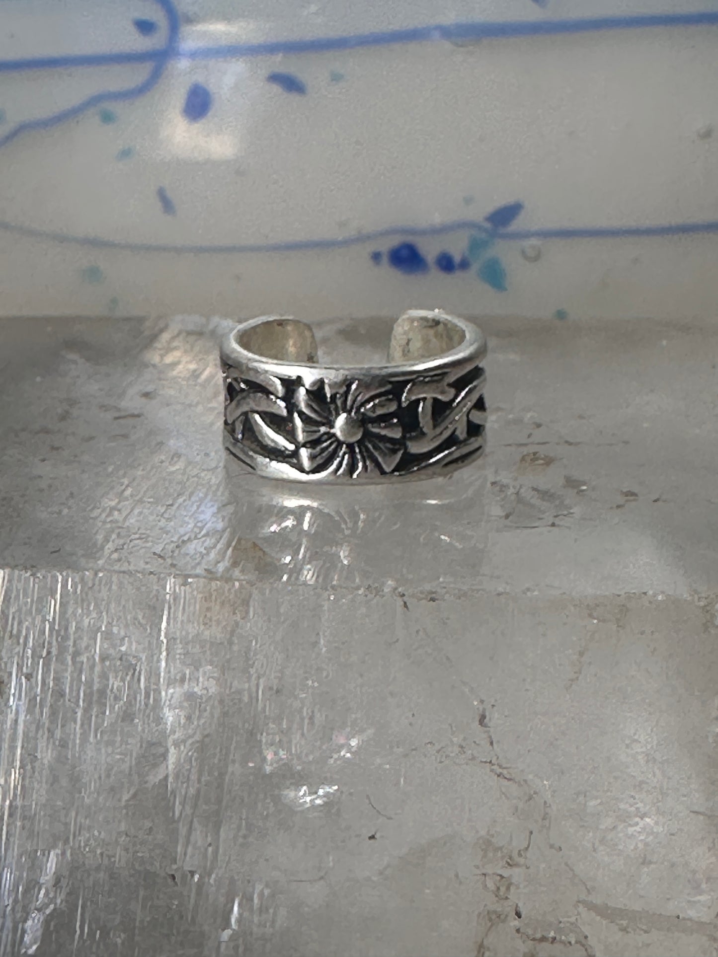 Wide floral ring toe band size 2 adjustable sterling silver women girls