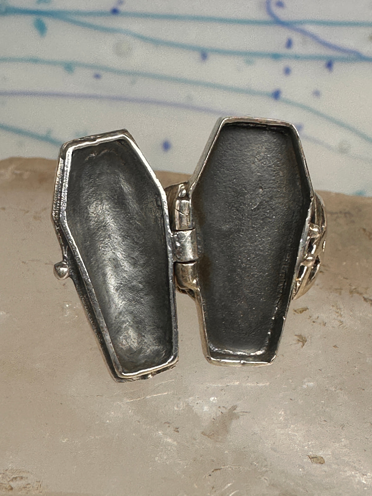 Vintage Sterling Silver Gothic Coffin Pentagram Secret Compartment Poison Ring Size 7.25