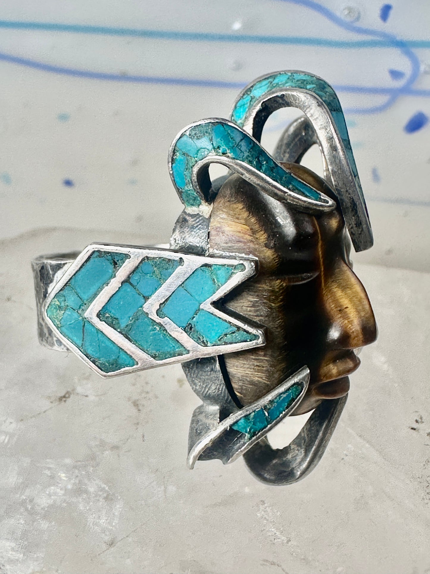 Face ring Mexican tiger eye turquoise chips band sterling silver size 7.75 Cecilia Tono Taxco