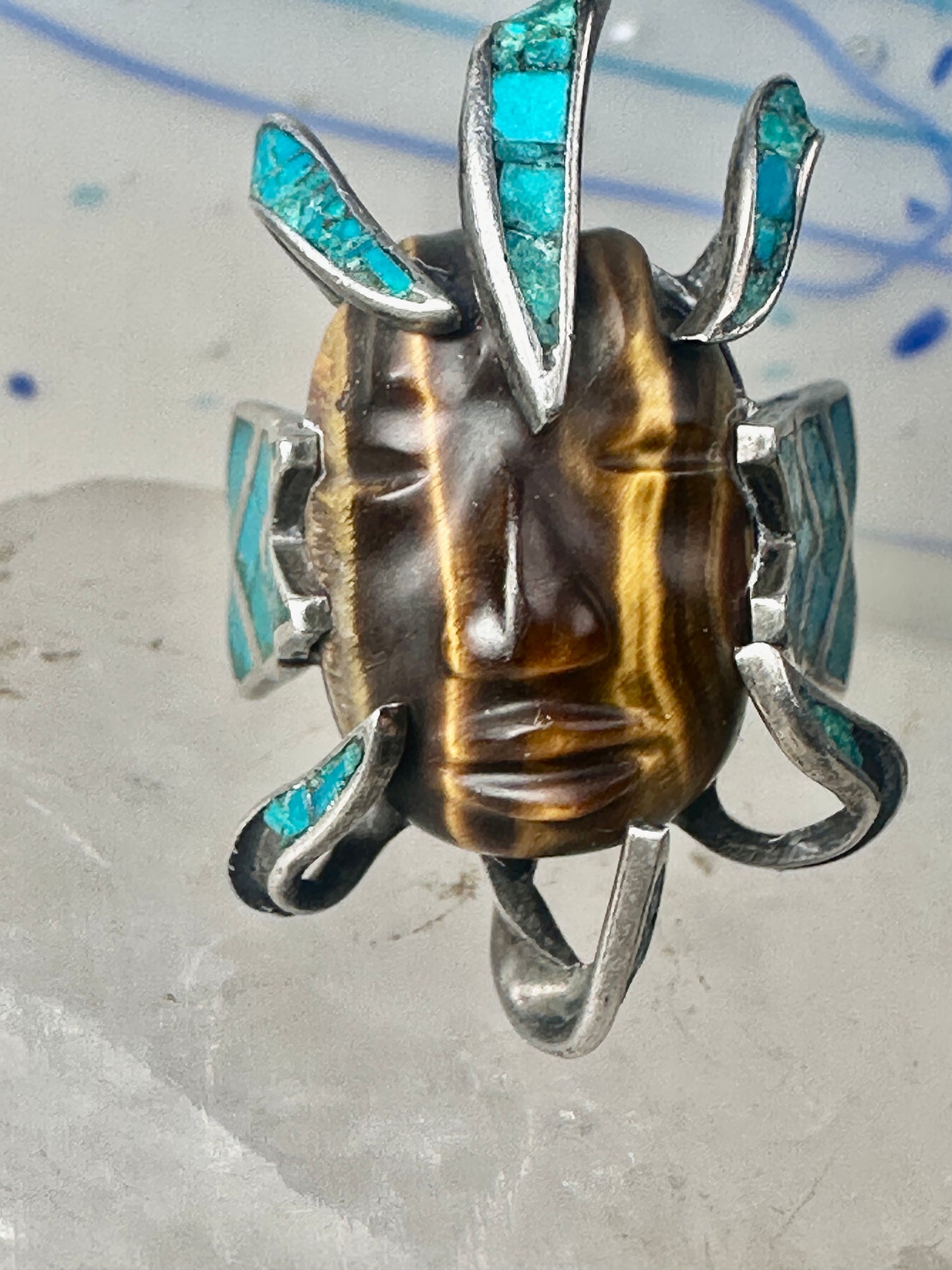 Face ring Mexican tiger eye turquoise chips band sterling silver size 7.75 Cecilia Tono Taxco