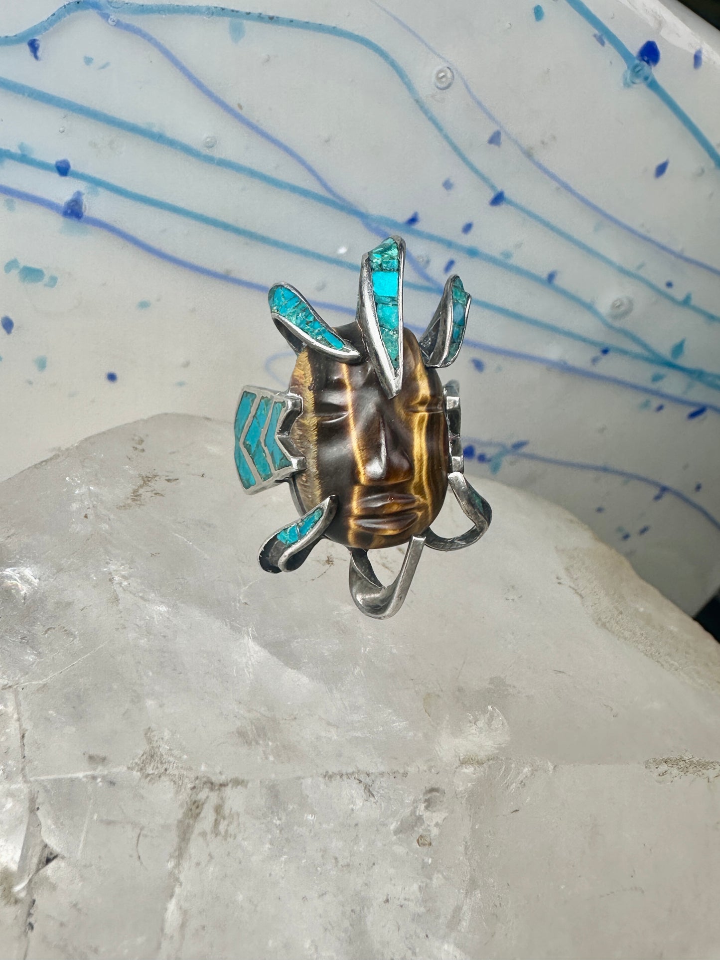 Face ring Mexican tiger eye turquoise chips band sterling silver size 7.75 Cecilia Tono Taxco