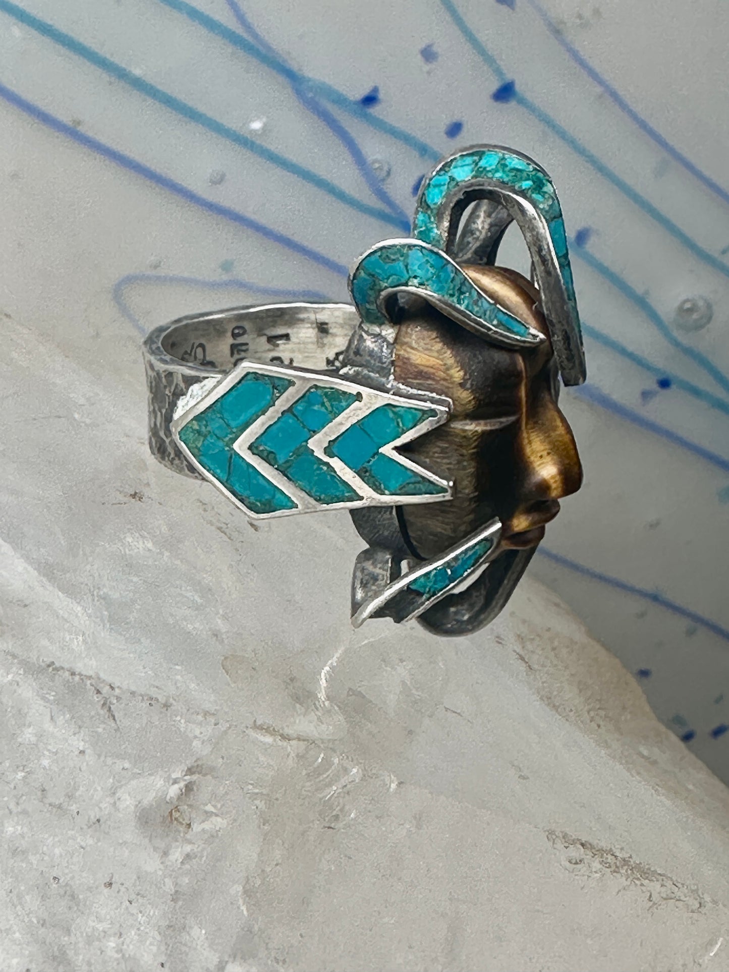 Face ring Mexican tiger eye turquoise chips band sterling silver size 7.75 Cecilia Tono Taxco