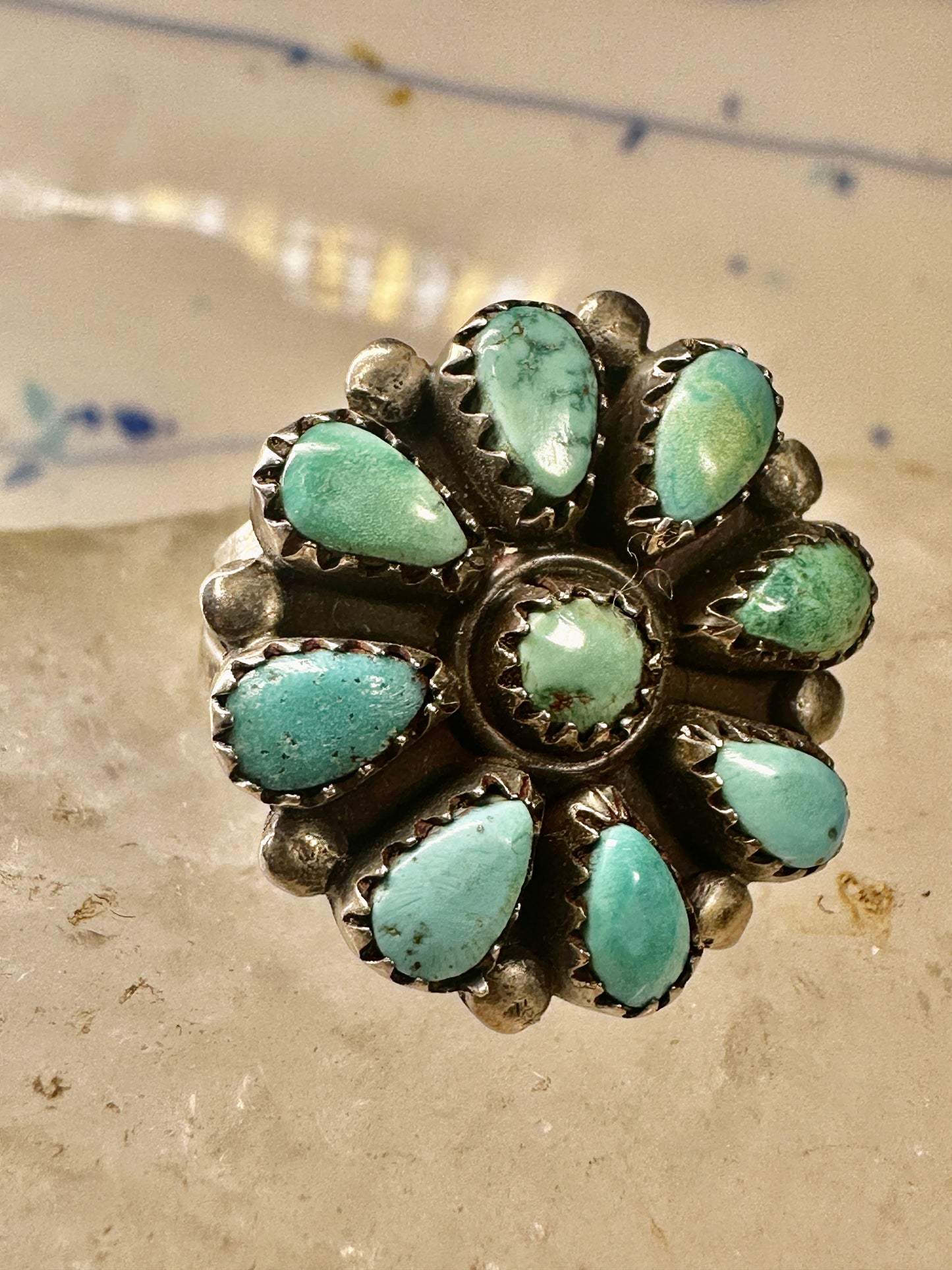 Zuni ring flower turquoise size 6 southwest sterling silver vintage women