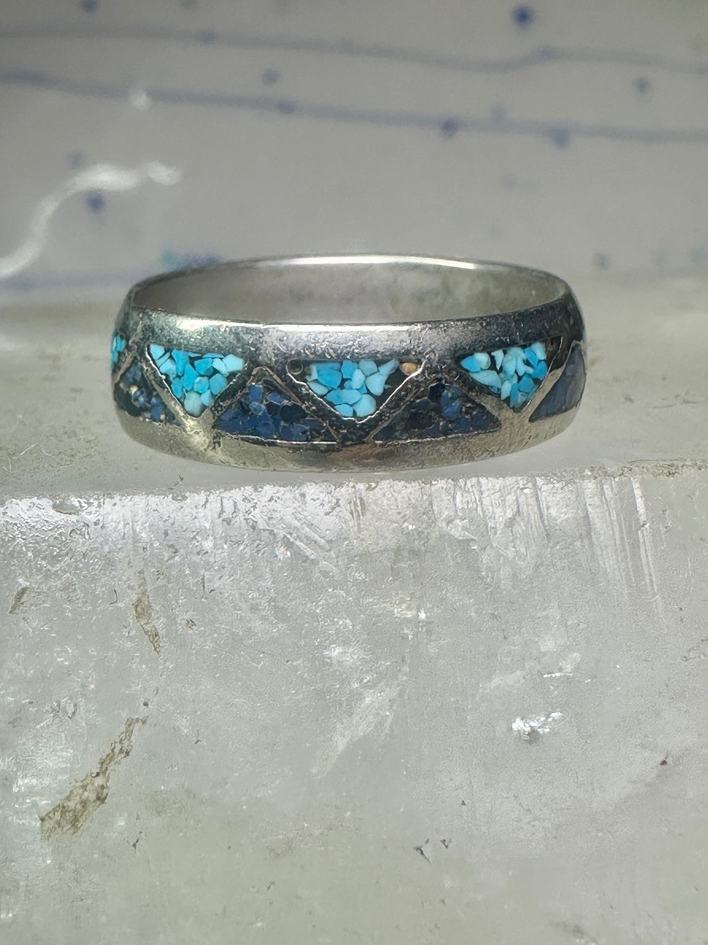 Vintage Zuni ring wedding band&nbsp; turquoise chips blue lapis size 11.2 sterling silver