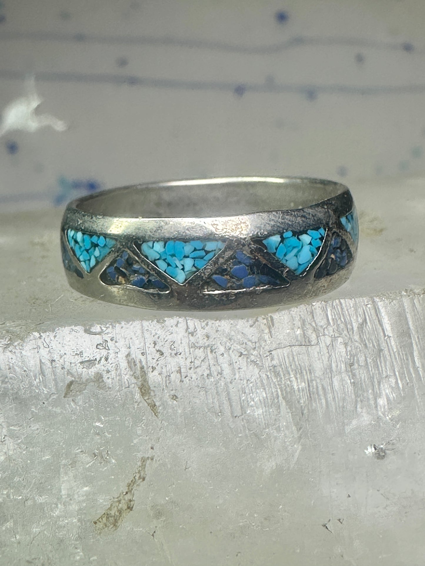 Vintage Zuni ring wedding band&nbsp; turquoise chips blue lapis size 11.2 sterling silver