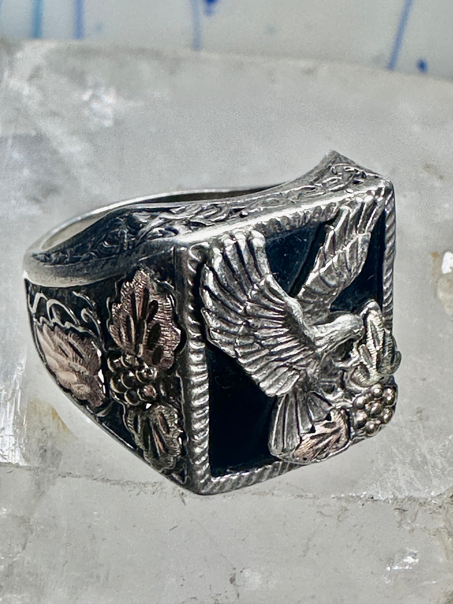 Eagle ring onyx leaves size 10.5 Black Hills Gold sterling silver women men