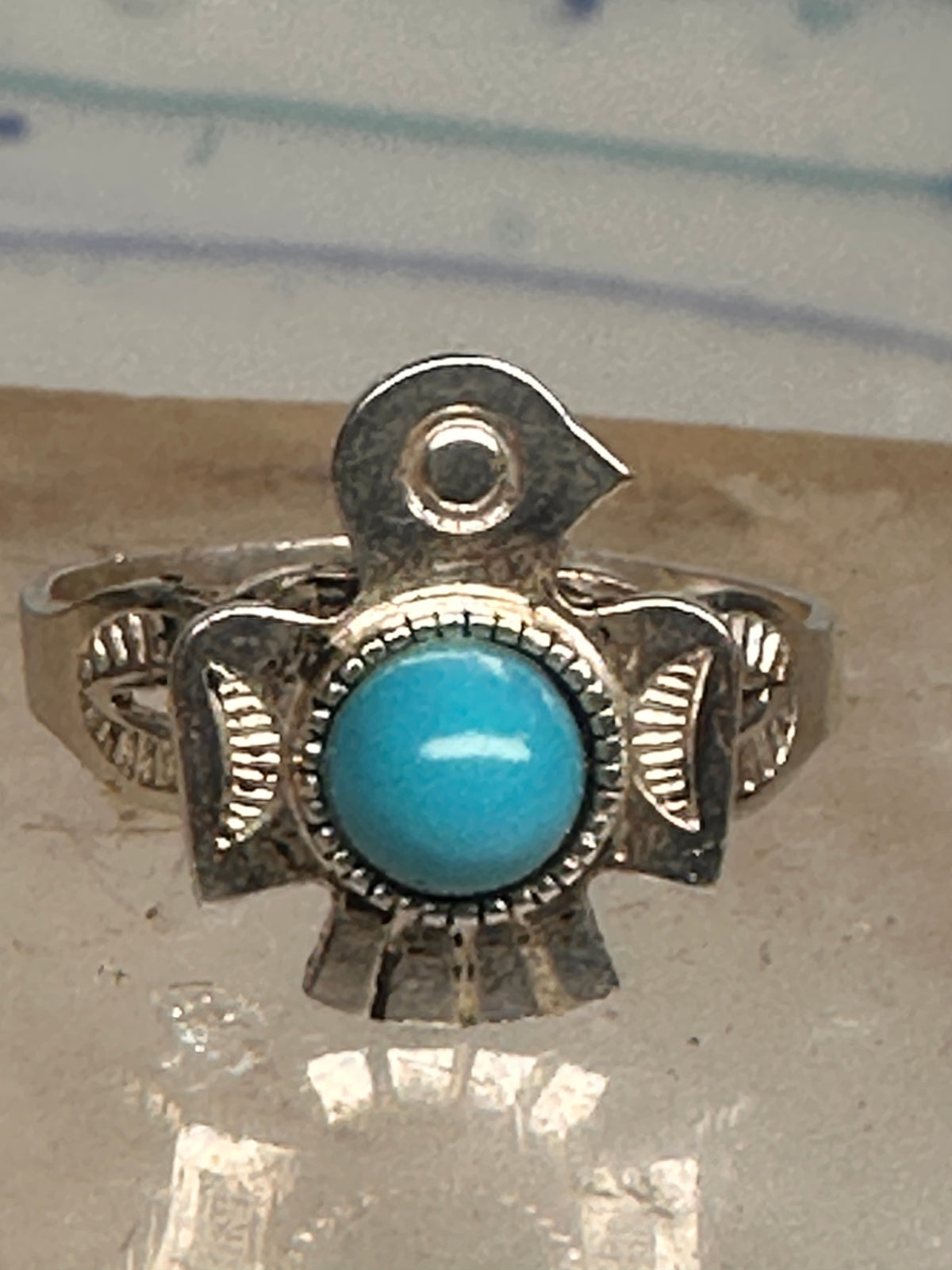 Vintage Sterling Silver Fred Harvey Thunderbird Turquoise Pinky Signet Ring Size 4.75 925