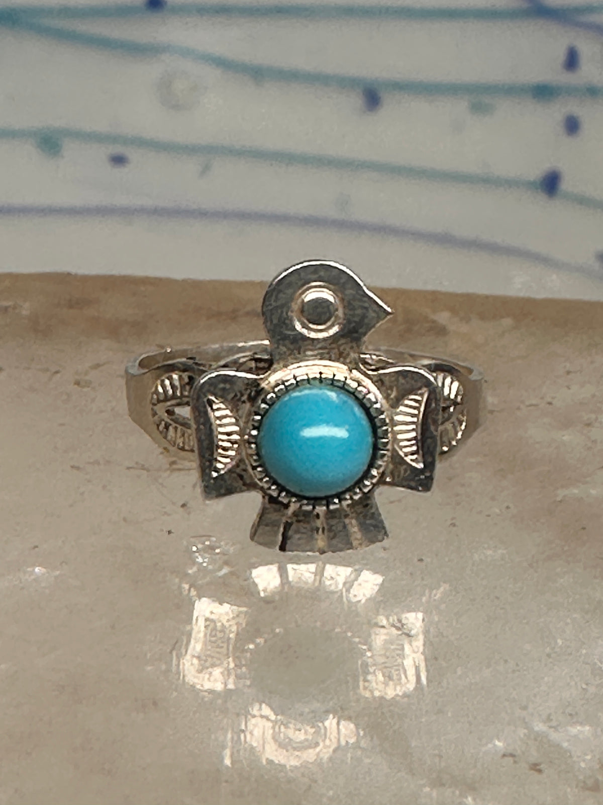 Vintage Sterling Silver Fred Harvey Thunderbird Turquoise Pinky Signet Ring Size 4.75 925