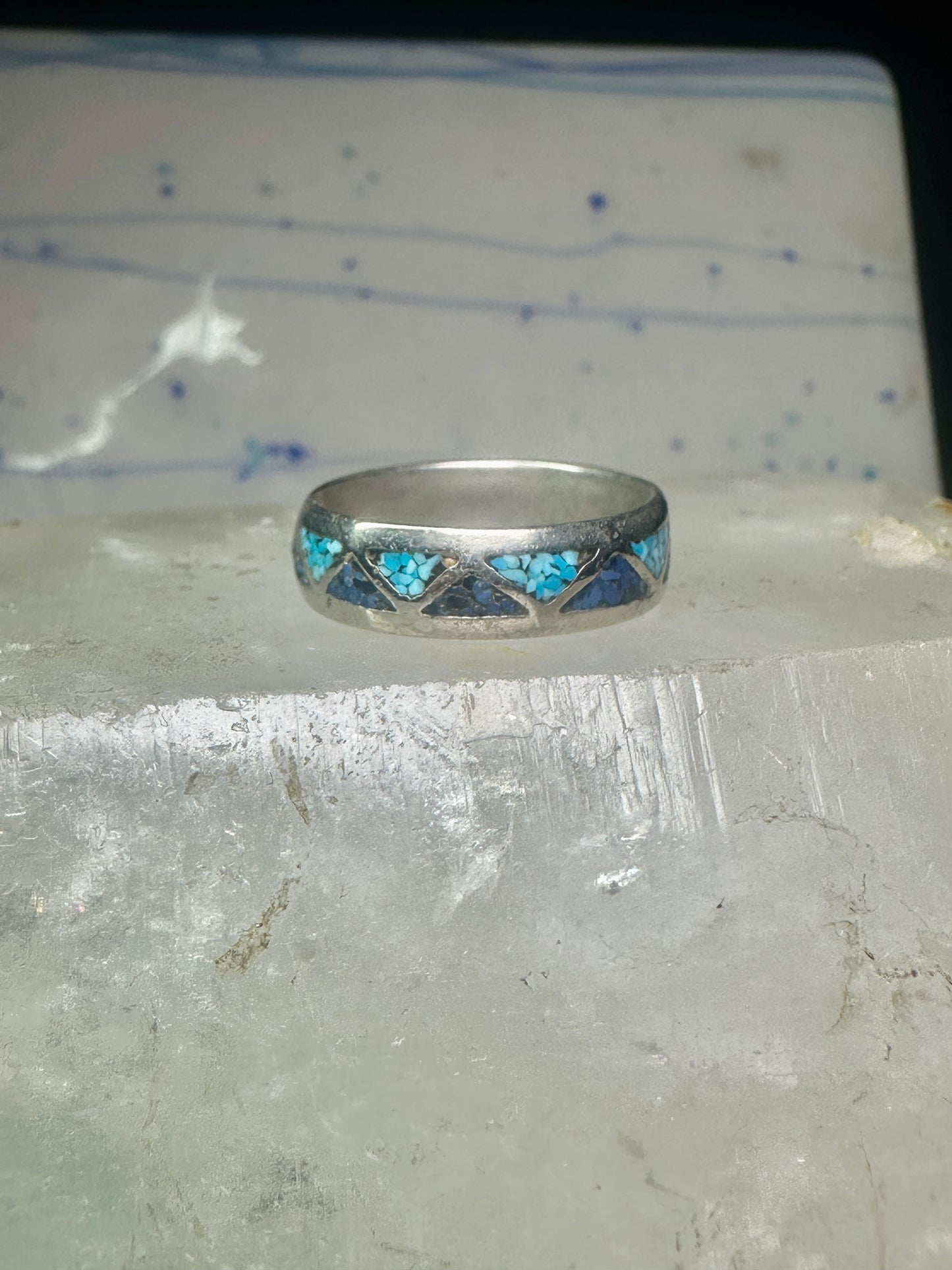 Vintage Zuni ring wedding band&nbsp; turquoise chips blue lapis size 11.2 sterling silver