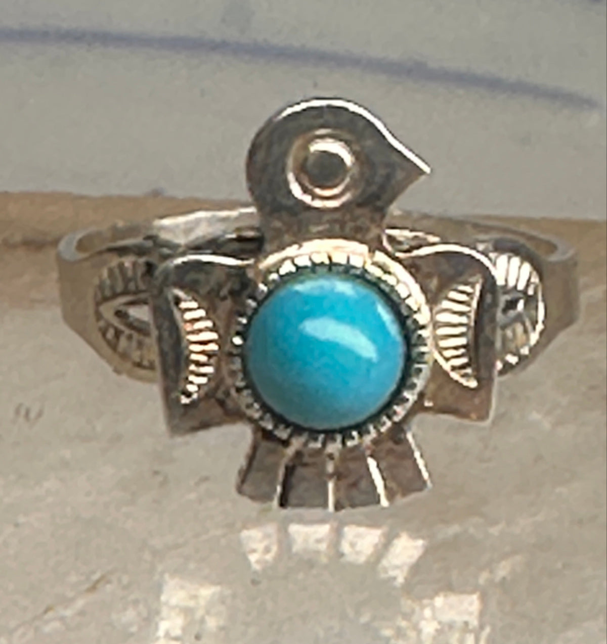 Vintage Sterling Silver Fred Harvey Thunderbird Turquoise Pinky Signet Ring Size 4.75 925