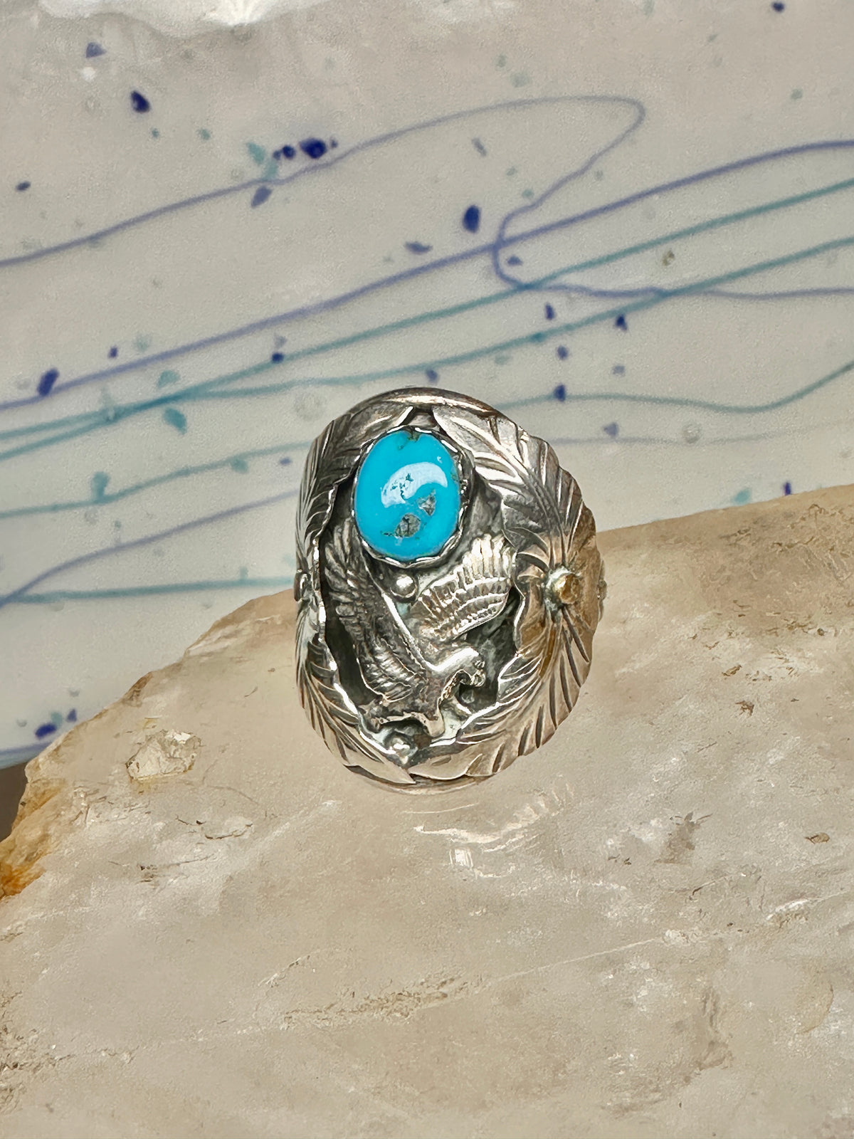Vintage Sterling Silver Signed R Sadie Randolph Navajo Turquoise Eagle Feather Ring Size 13 925