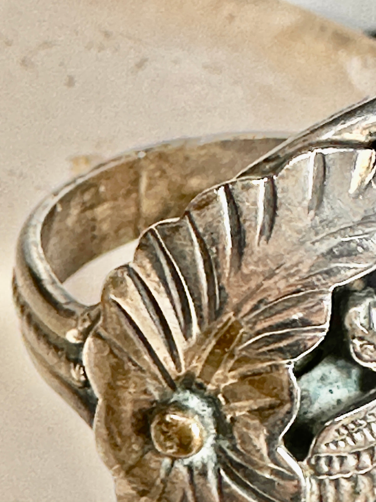 Vintage Sterling Silver Signed R Sadie Randolph Navajo Turquoise Eagle Feather Ring Size 13 925
