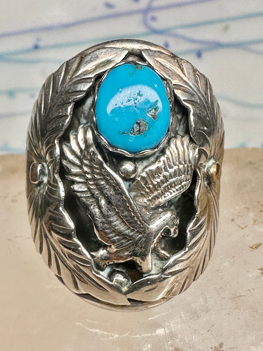 Vintage Sterling Silver Signed R Sadie Randolph Navajo Turquoise Eagle Feather Ring Size 13 925