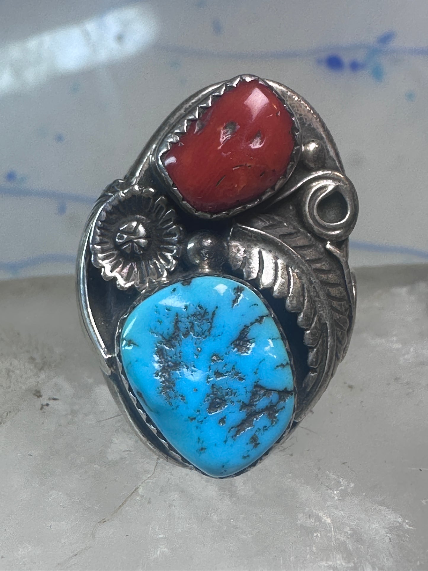 Navajo Turquoise Coral ring size_10 sterling silver women men