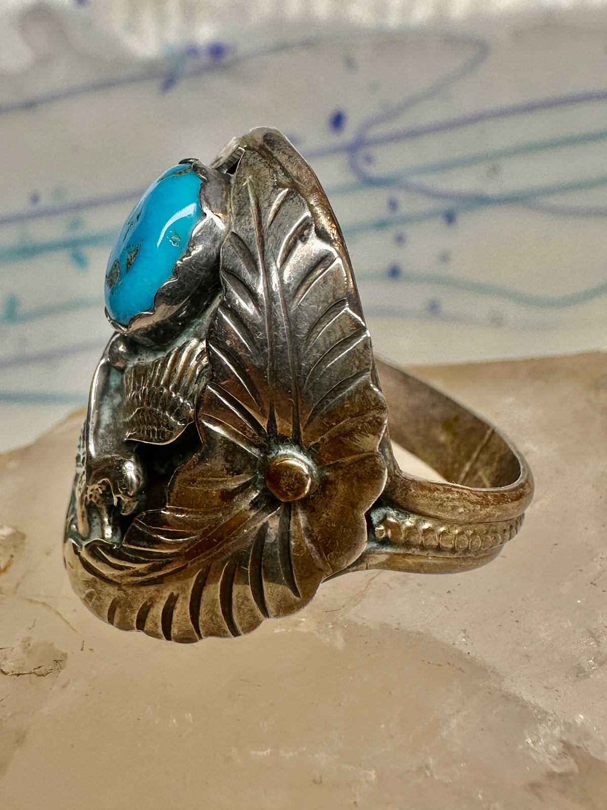 Vintage Sterling Silver Signed R Sadie Randolph Navajo Turquoise Eagle Feather Ring Size 13 925