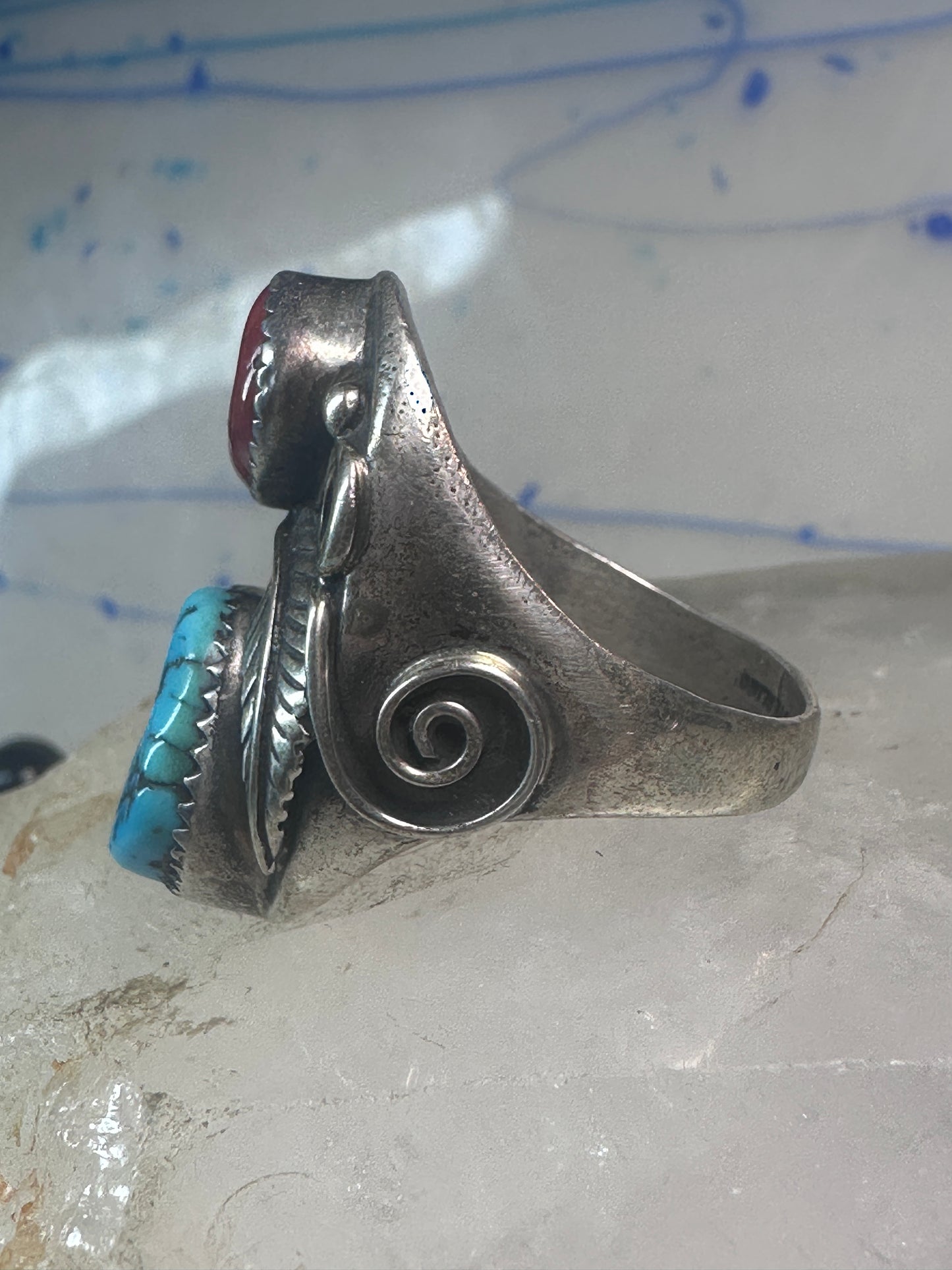 Navajo Turquoise Coral ring size_10 sterling silver women men