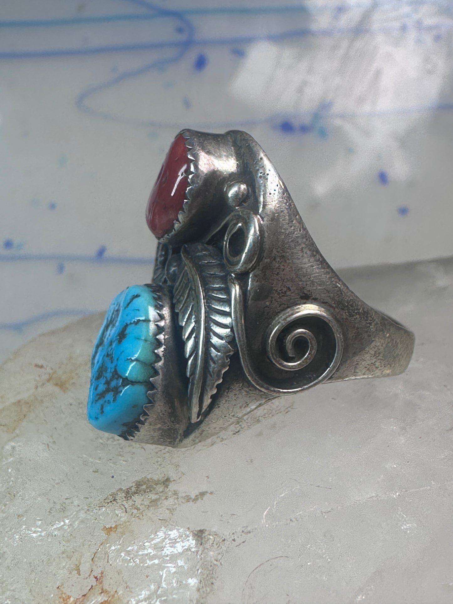 Navajo Turquoise Coral ring size_10 sterling silver women men