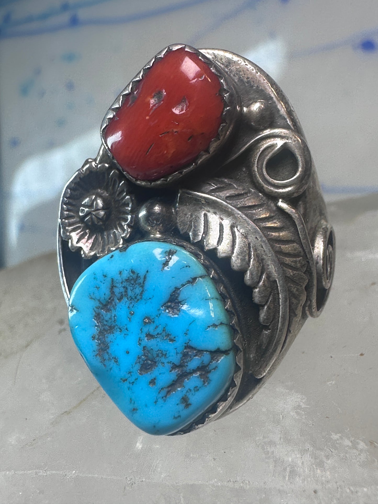 Navajo Turquoise Coral ring size_10 sterling silver women men