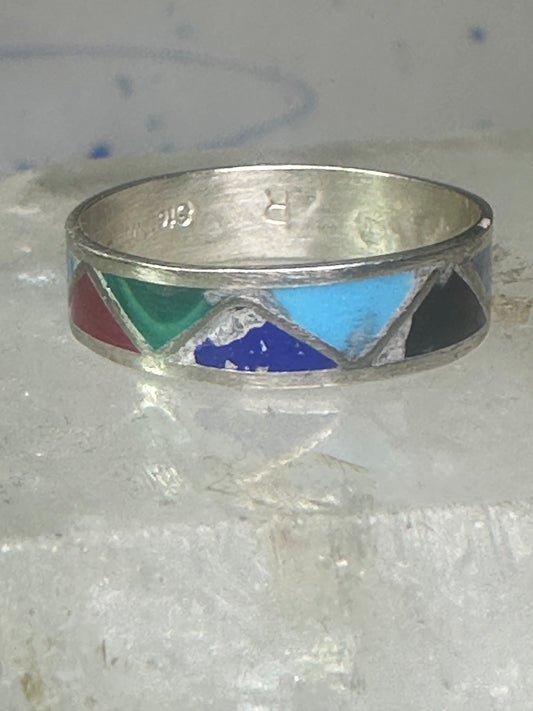 Vintage Zuni ring reconstituted turquoise coral malachite onyx lapis size 7.75 wedding band sterling silver