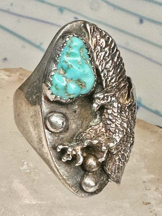 Vintage Sterling Silver Signed ON Orville Nelson Navajo Turquoise Eagle Shield Ring Size 8.50 925