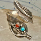 Vintage Sterling Silver Southwest Turquoise Coral Feather Wrap Ring Size 8.50 Adj 925