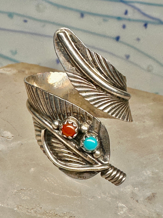 Vintage Sterling Silver Southwest Turquoise Coral Feather Wrap Ring Size 8.50 Adj 925