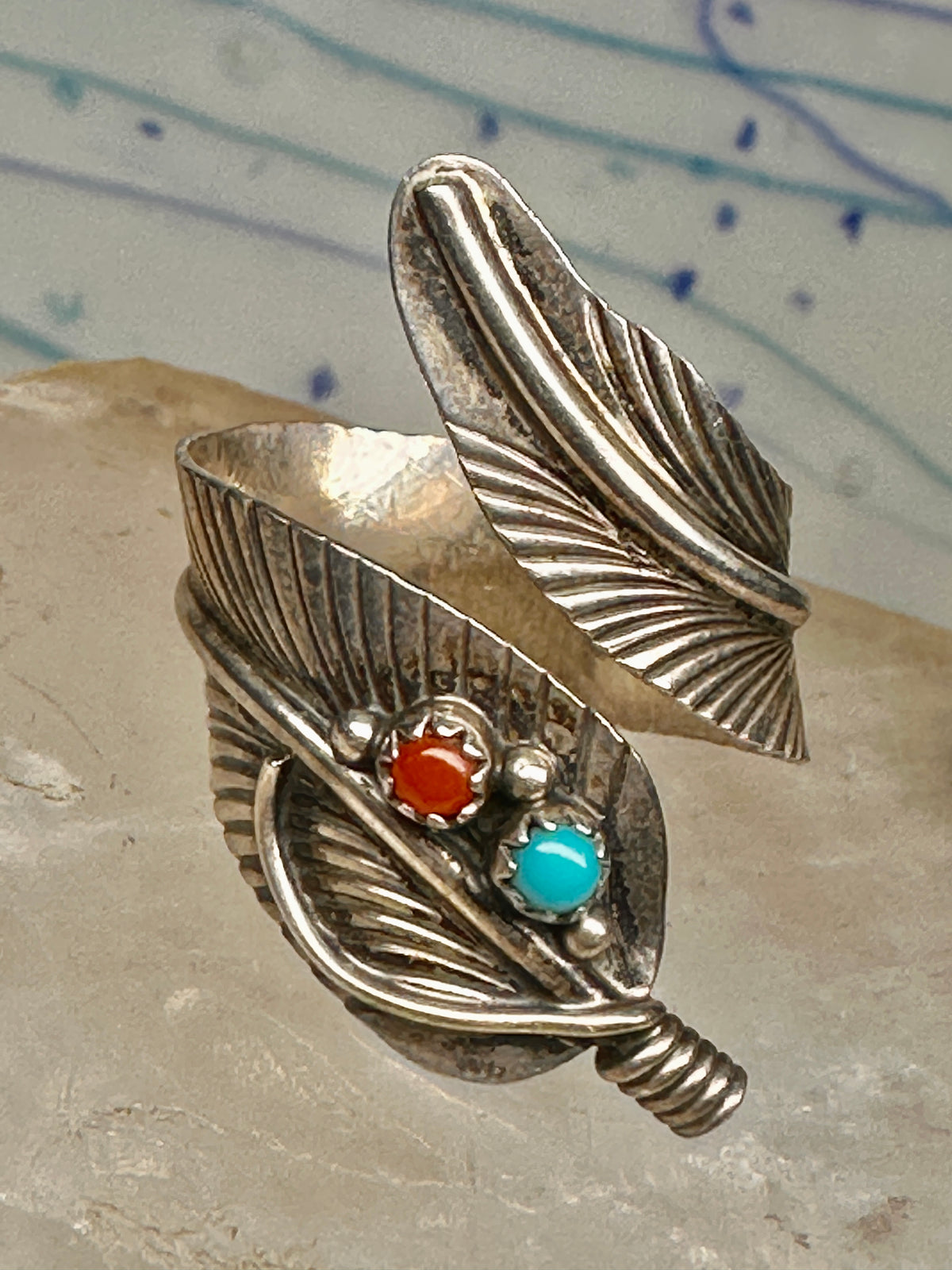 Vintage Sterling Silver Southwest Turquoise Coral Feather Wrap Ring Size 8.50 Adj 925