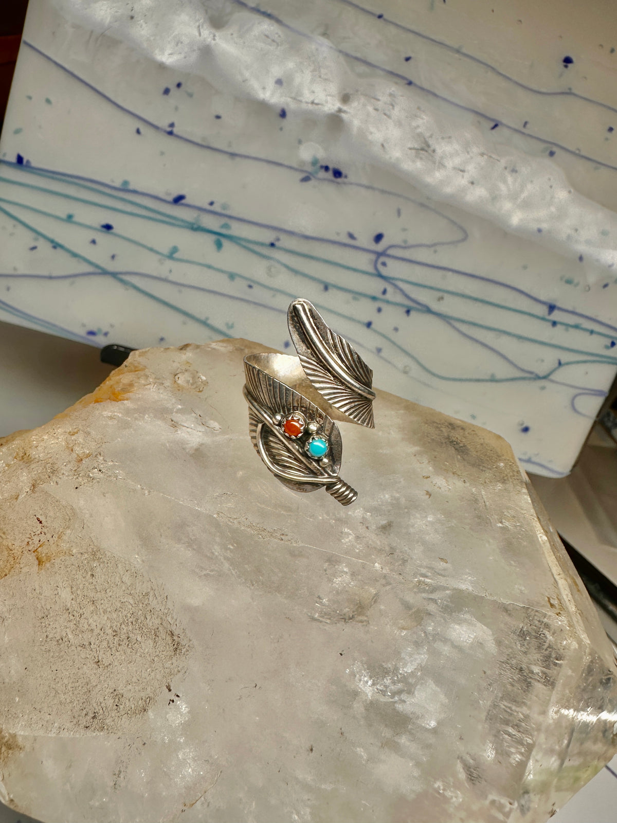 Vintage Sterling Silver Southwest Turquoise Coral Feather Wrap Ring Size 8.50 Adj 925