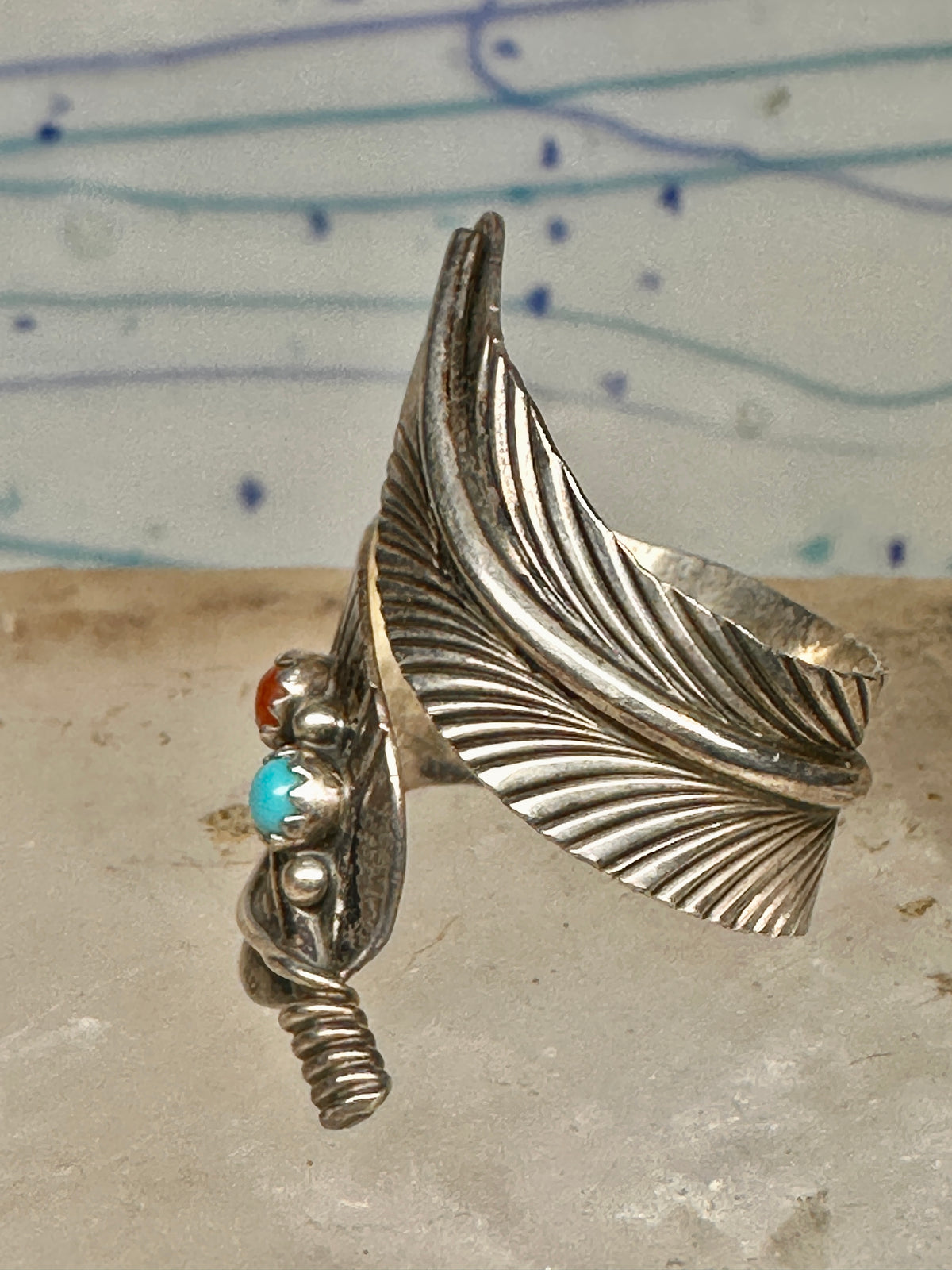 Vintage Sterling Silver Southwest Turquoise Coral Feather Wrap Ring Size 8.50 Adj 925