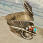 Vintage Sterling Silver Southwest Turquoise Coral Feather Wrap Ring Size 8.50 Adj 925