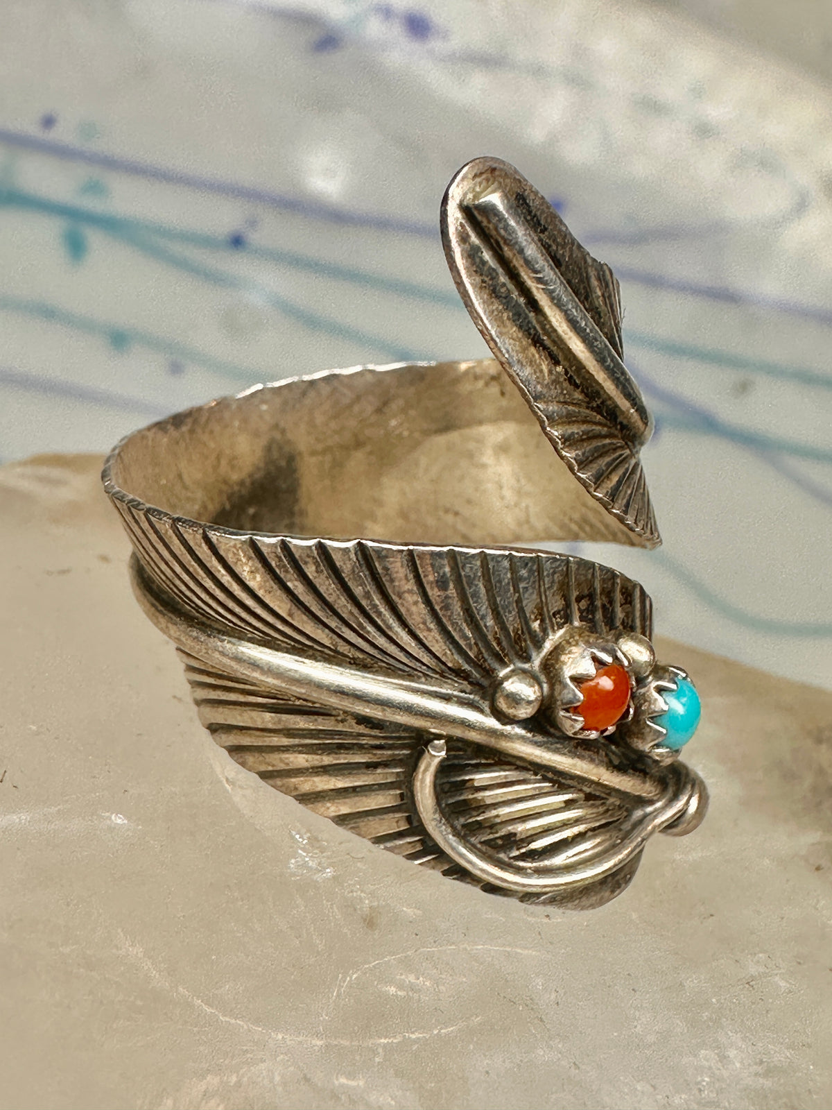 Vintage Sterling Silver Southwest Turquoise Coral Feather Wrap Ring Size 8.50 Adj 925