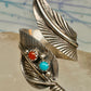 Vintage Sterling Silver Southwest Turquoise Coral Feather Wrap Ring Size 8.50 Adj 925