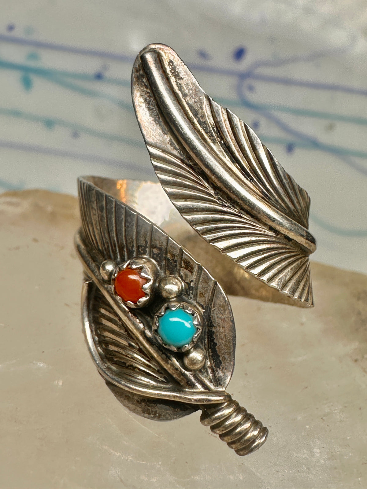 Vintage Sterling Silver Southwest Turquoise Coral Feather Wrap Ring Size 8.50 Adj 925