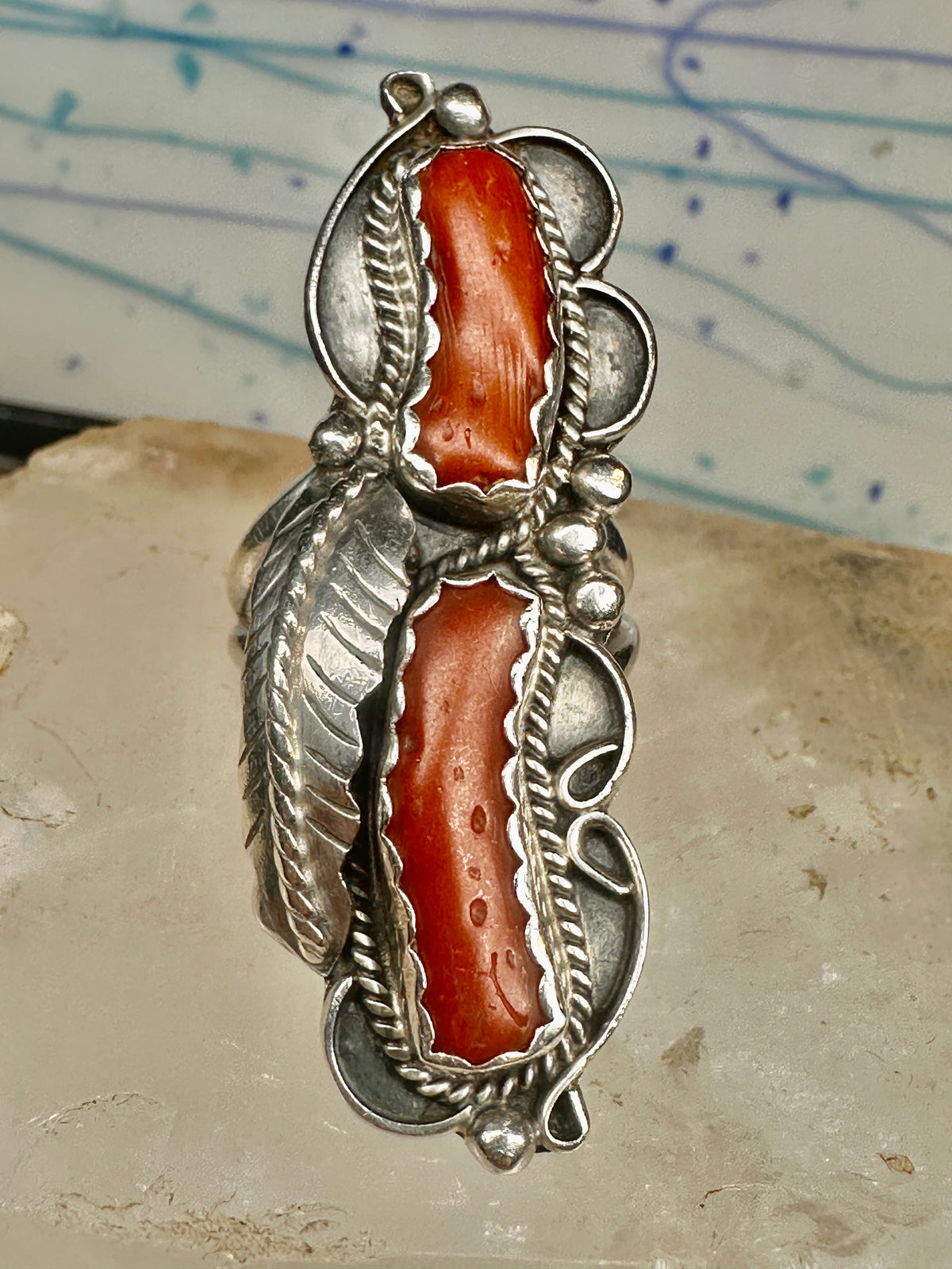 Vintage Sterling Silver Signed PAM Pamela Apache Navajo Long Red Coral Ring Size 7 925