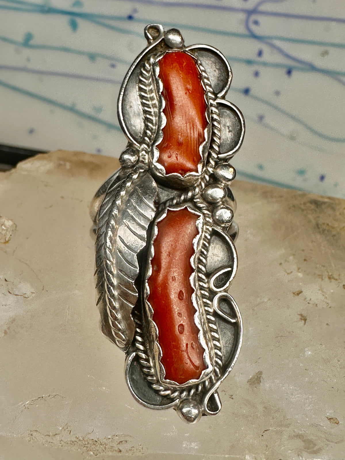Vintage Sterling Silver Signed PAM Pamela Apache Navajo Long Red Coral Ring Size 7 925