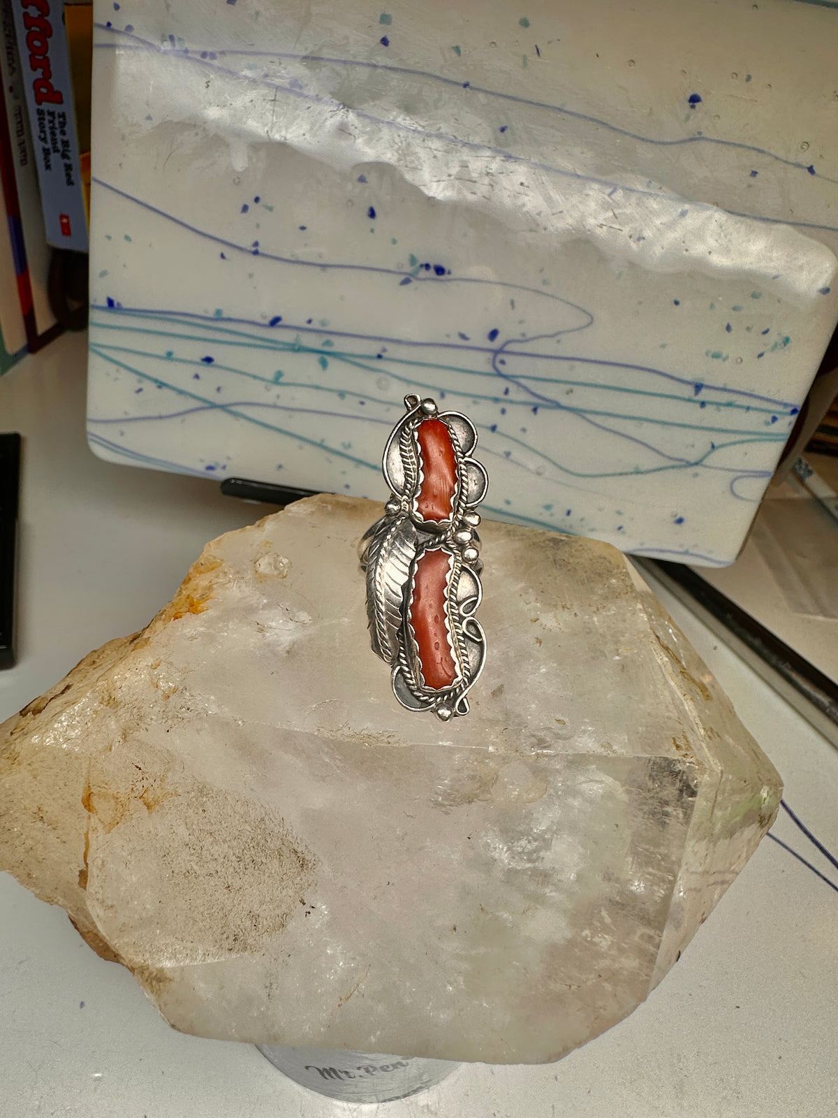 Vintage Sterling Silver Signed PAM Pamela Apache Navajo Long Red Coral Ring Size 7 925