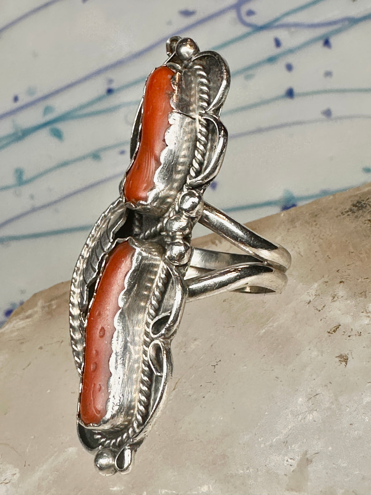 Vintage Sterling Silver Signed PAM Pamela Apache Navajo Long Red Coral Ring Size 7 925