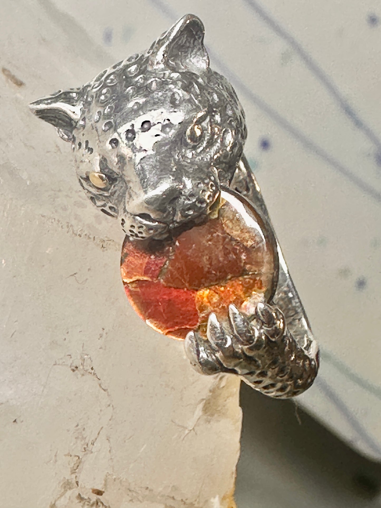 Tiger ring size 8 Sonia Bitton holding stone sterling silver women men signed SB