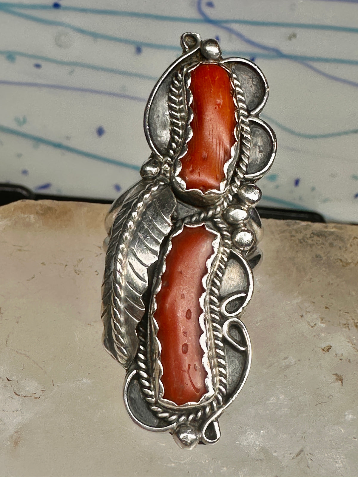 Vintage Sterling Silver Signed PAM Pamela Apache Navajo Long Red Coral Ring Size 7 925