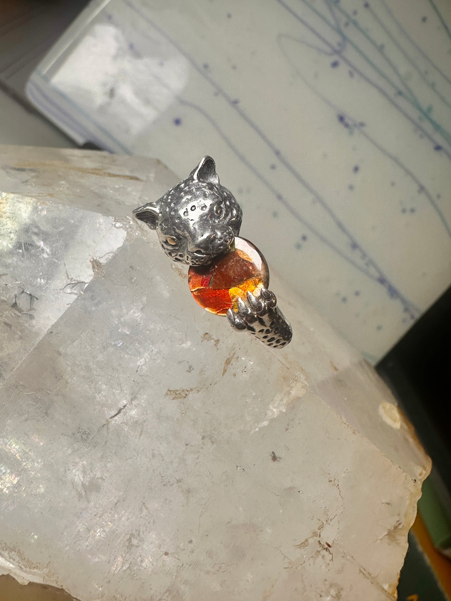 Tiger ring size 8 Sonia Bitton holding stone sterling silver women men signed SB
