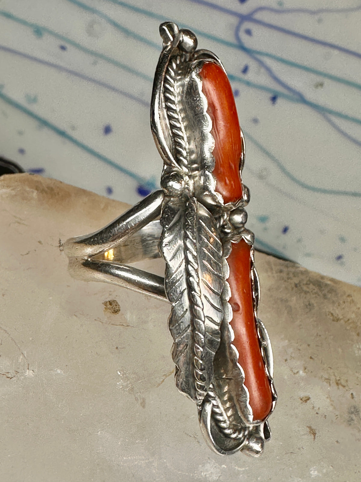 Vintage Sterling Silver Signed PAM Pamela Apache Navajo Long Red Coral Ring Size 7 925