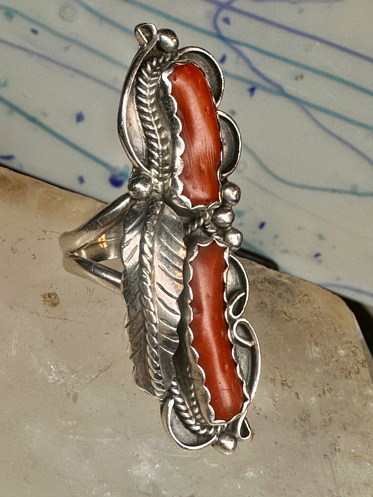 Vintage Sterling Silver Signed PAM Pamela Apache Navajo Long Red Coral Ring Size 7 925