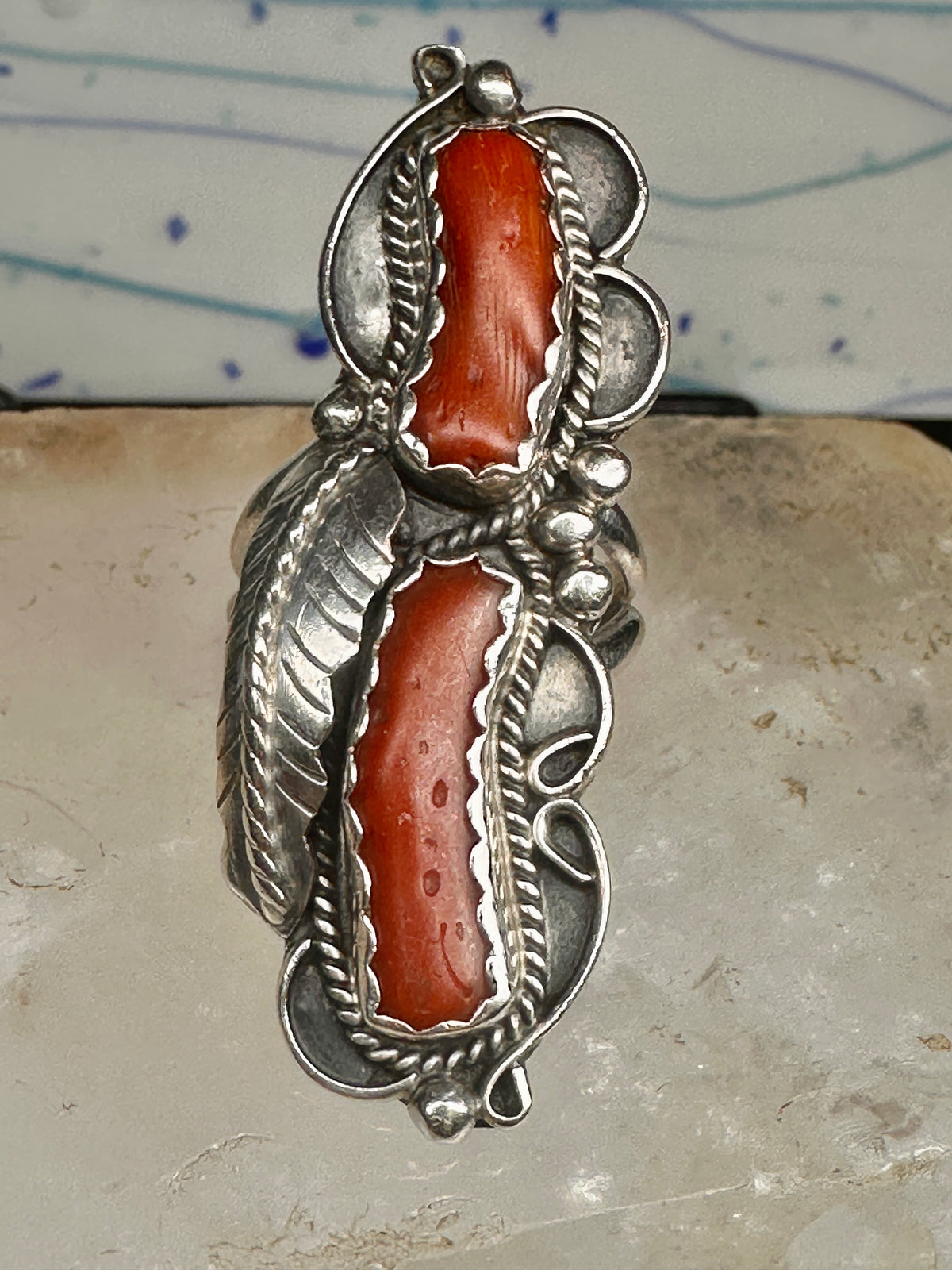 Vintage Sterling Silver Signed PAM Pamela Apache Navajo Long Red Coral Ring Size 7 925