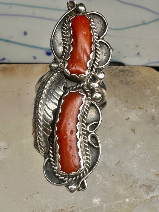 Vintage Sterling Silver Signed PAM Pamela Apache Navajo Long Red Coral Ring Size 7 925