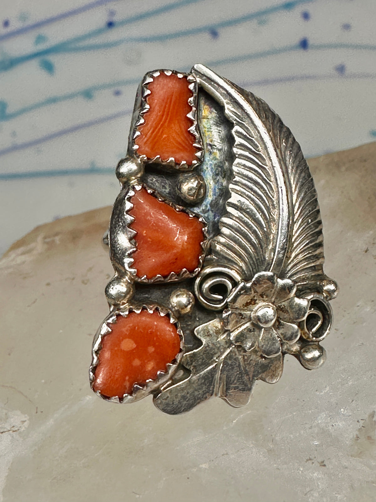 Vintage Sterling Silver Signed D Daniel Benally Navajo Red Coral Flower Ring Size 6.50 925