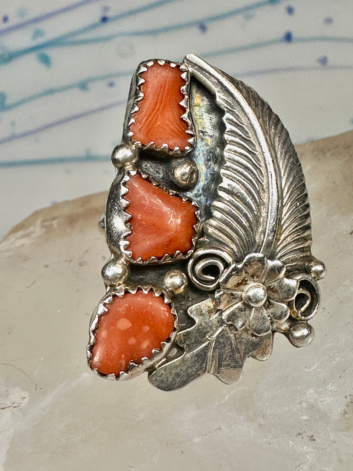 Vintage Sterling Silver Signed D Daniel Benally Navajo Red Coral Flower Ring Size 6.50 925